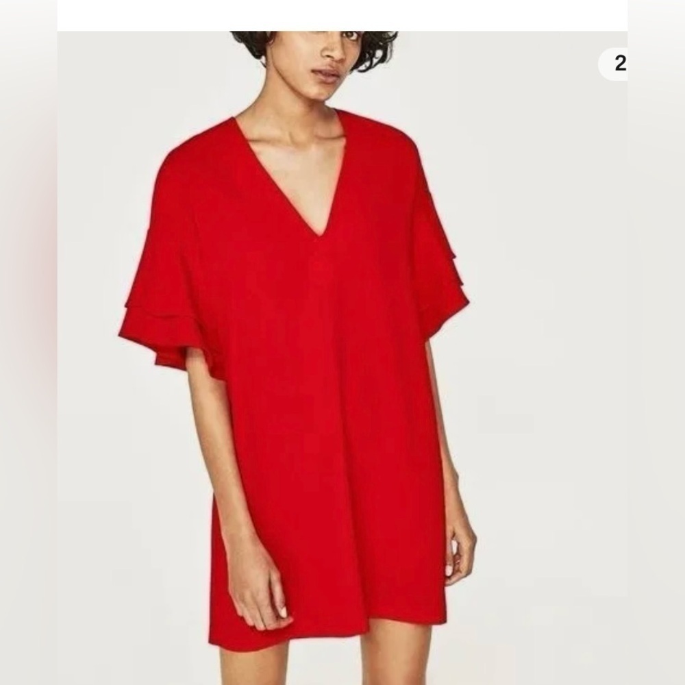 Zara Deep V-Neck Mini Shift Dress Tiered Ruffle Sleeves Red Size X-small